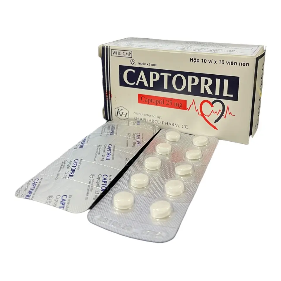 Captopril - Thuốc điều trị huyết áp cao, suy tim của Khapharco (Hộp 10 vỉ x 10 viên)